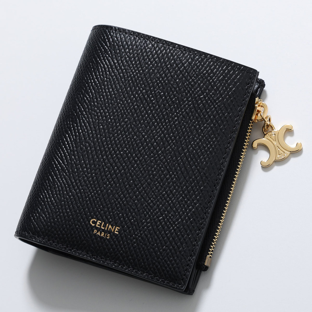 Celine Bi fold Wallet Compact Triomphe Charm Leather Black